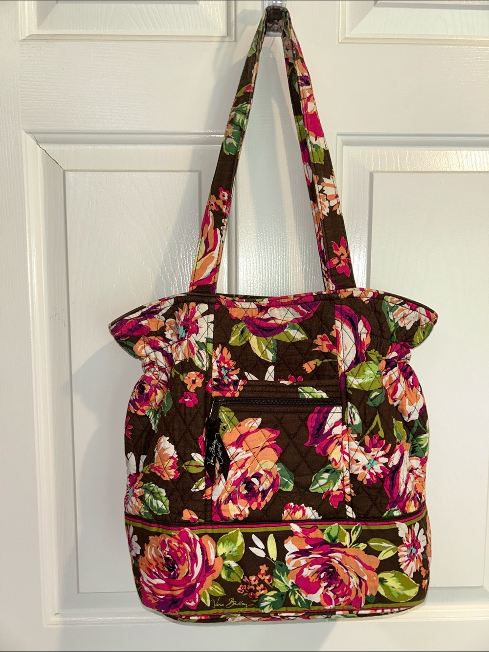 Vera Bradley Brown Quilted Floral Tote with Pink and Orange Blooms
